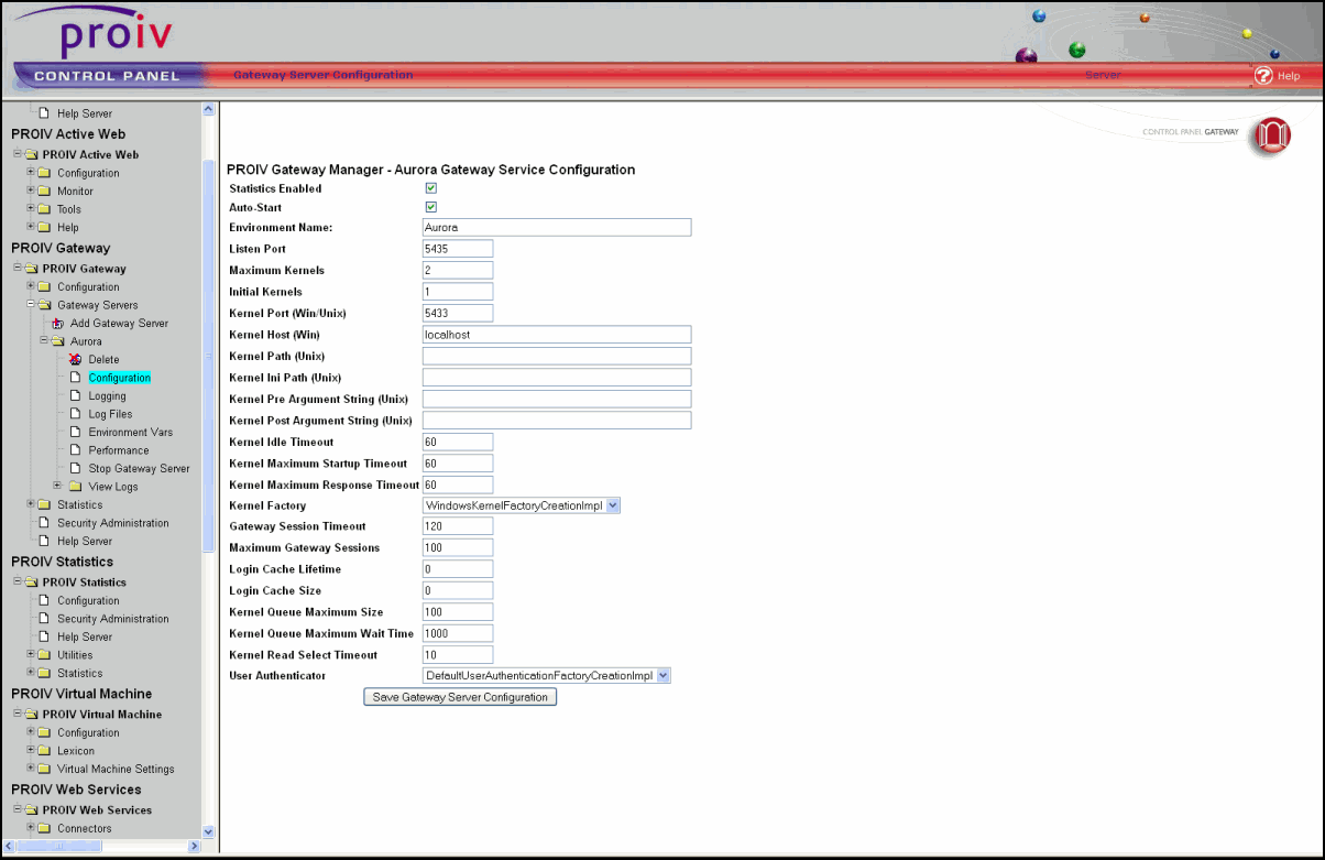 PROIV Gateway Configuration Screen