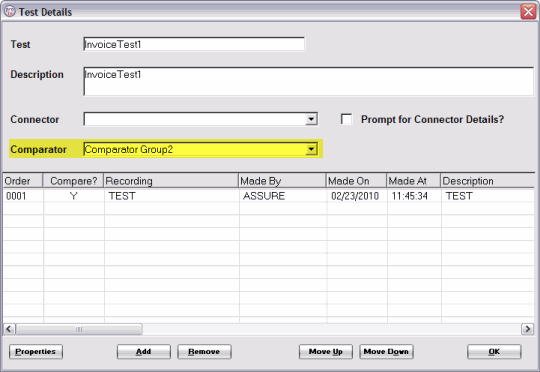 Comparator field on Test Details window