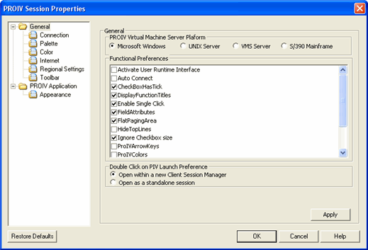 PROIV Session Properties windows